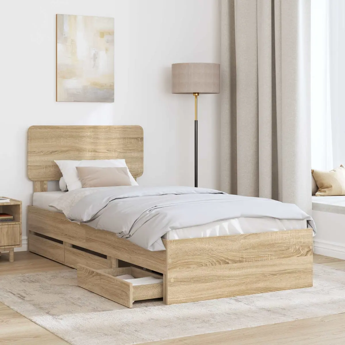 Bed Frame Engineered Wood 90x190cm Brown with Storage Drawers Slatted Base