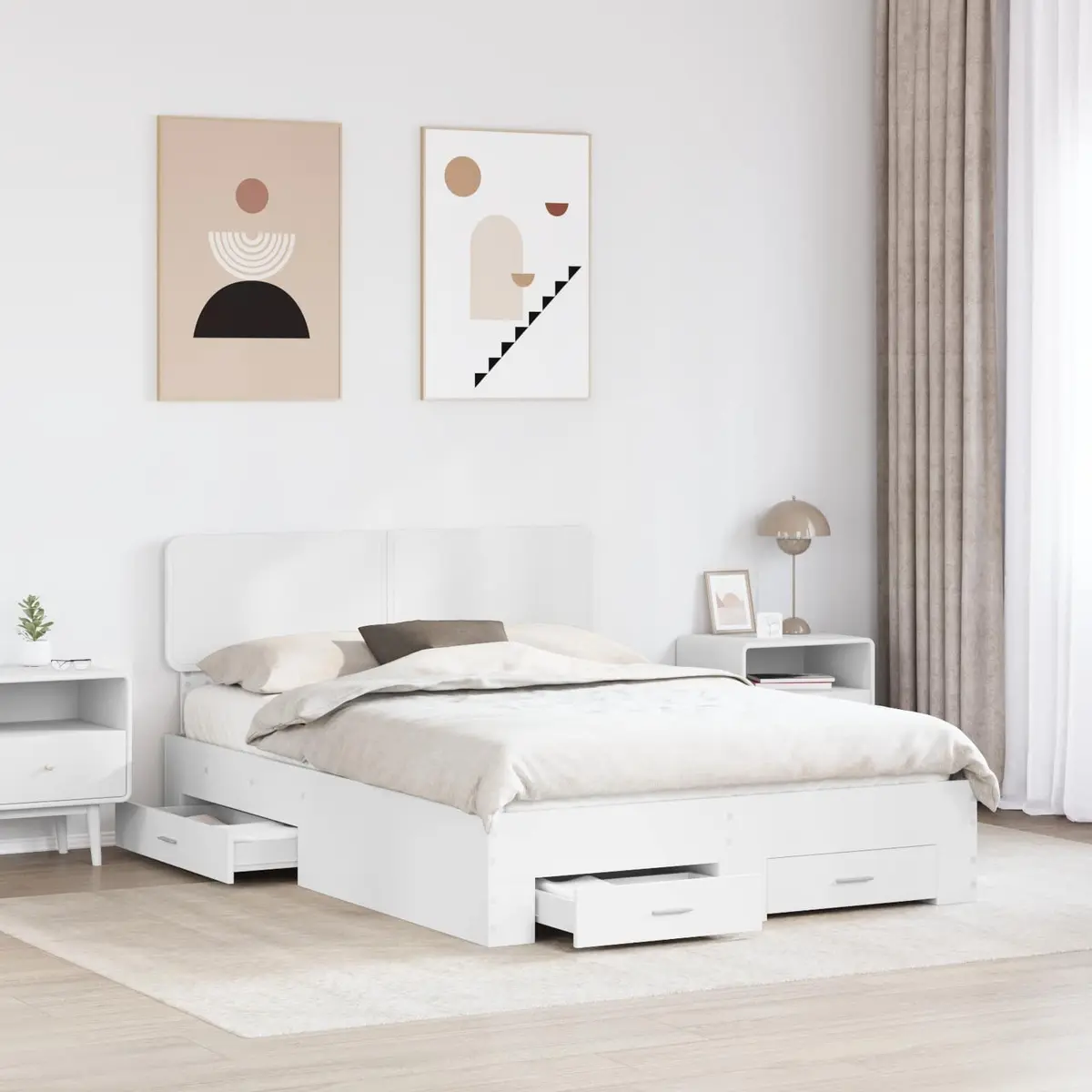 Bed Frame Engineered Wood 150x200cm White with Integrated Storage Drawers and Headboard