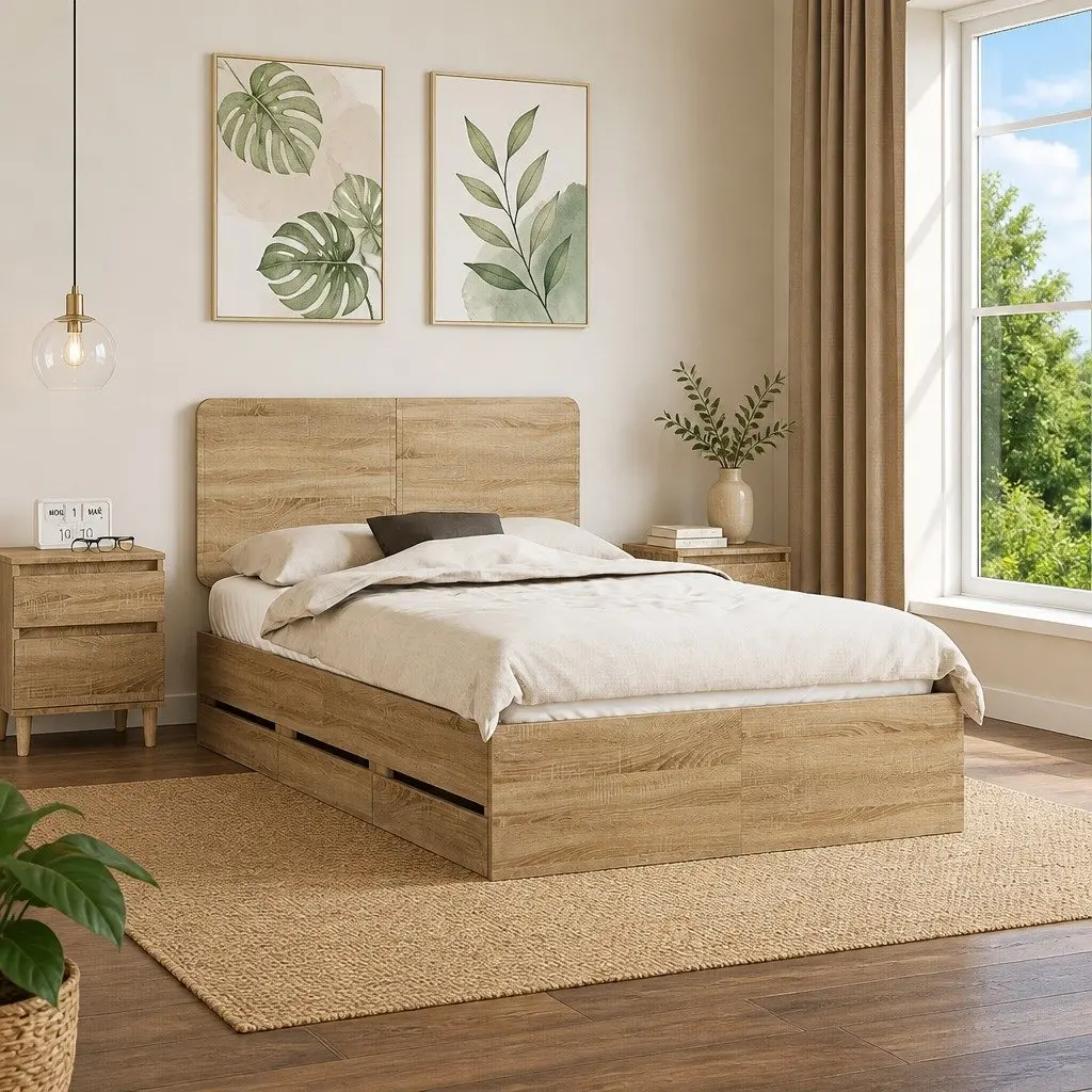 Bed Frame Engineered Wood 135 x 190 cm Sonoma Oak with Drawer Storage