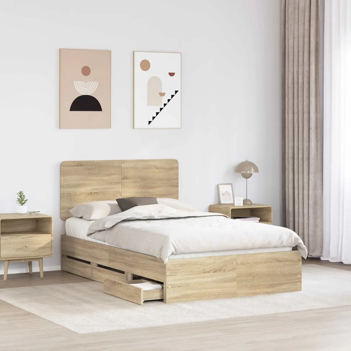 Bed Frame Engineered Wood 135 x 190 cm Sonoma Oak with Drawer Storage