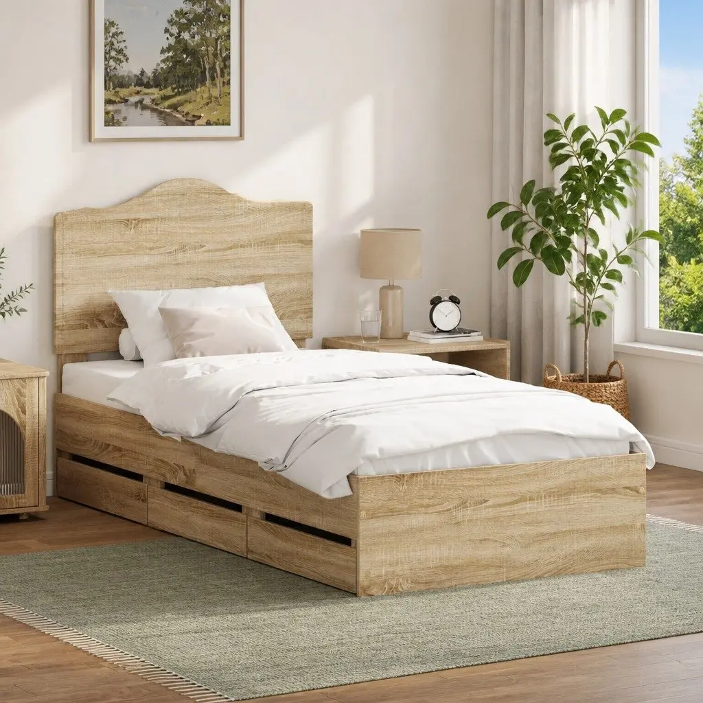Bed Frame Engineered Wood 90 x 190 cm Brown with Storage Drawer