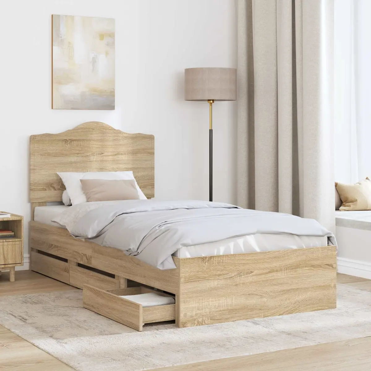 Bed Frame Engineered Wood 90 x 190 cm Brown with Storage Drawer