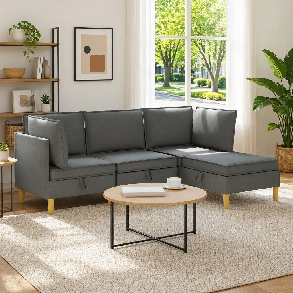 Modular Sofa Set 4 Pieces Grey Fabric with Storage