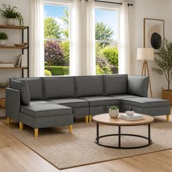 Flexible Modular Sofa Set with Storage - 6 Grey Pieces
