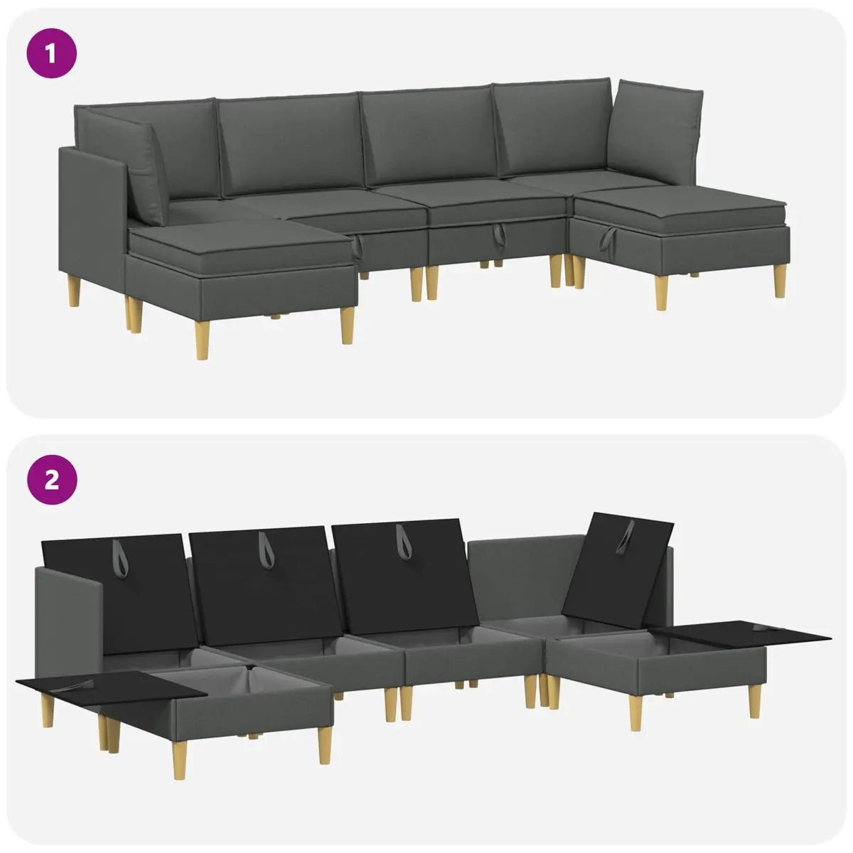 Modular Sofa Set 6 Pieces with Storage Grey Fabric Living Room Furniture