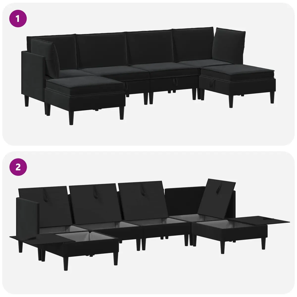 Modern Living Room Furniture Set 6 Piece Black Velvet Cushioned Sofa Storage