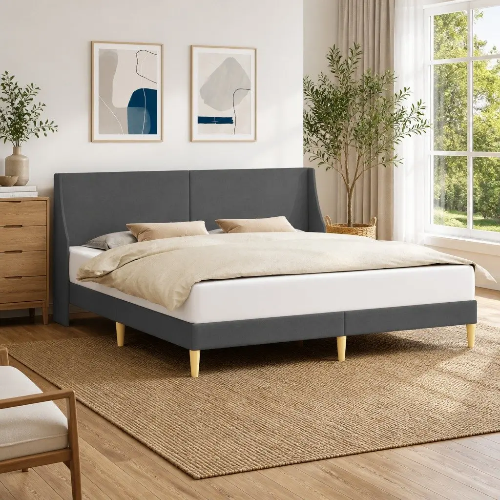 Bed Frame Plywood Fixed Slatted Base Fabric Headboard Dark Grey 180 x 200 cm