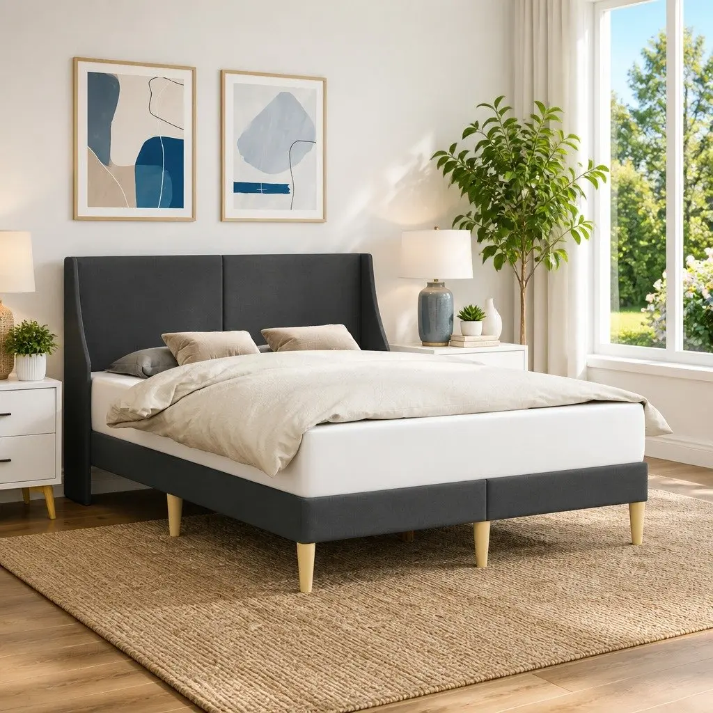 Bed Frame Plywood Fixed Slatted Dark Grey Fabric Headboard Modern Bedroom Furniture