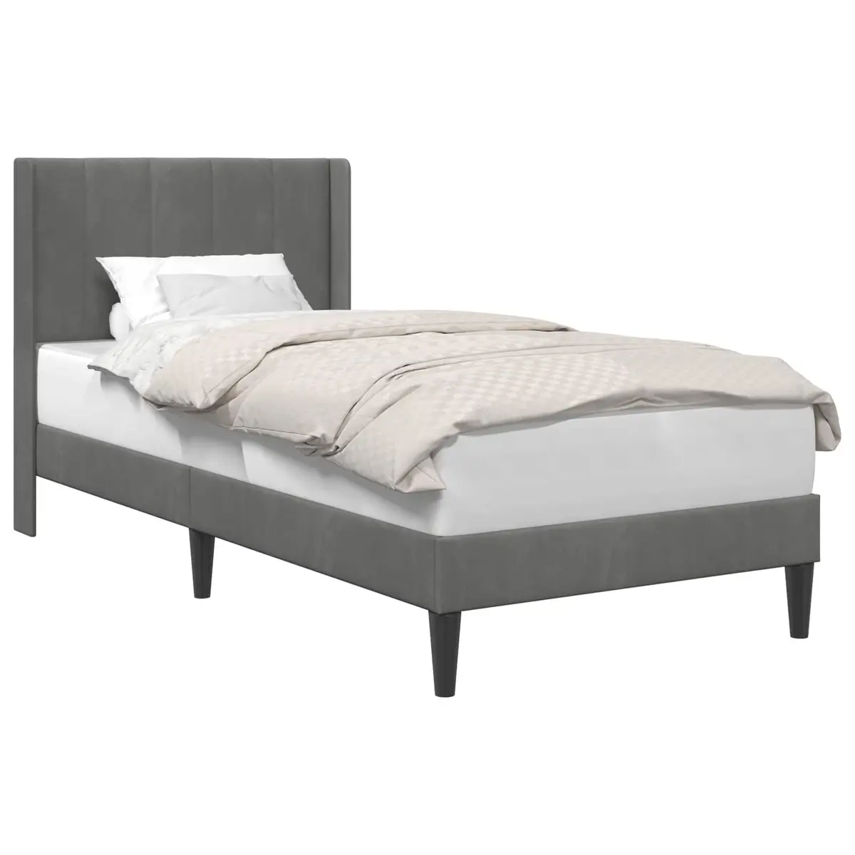 Bed Frame Plywood Fixed Slatted Base 90 x 190 cm Dark Grey Velvet Headboard