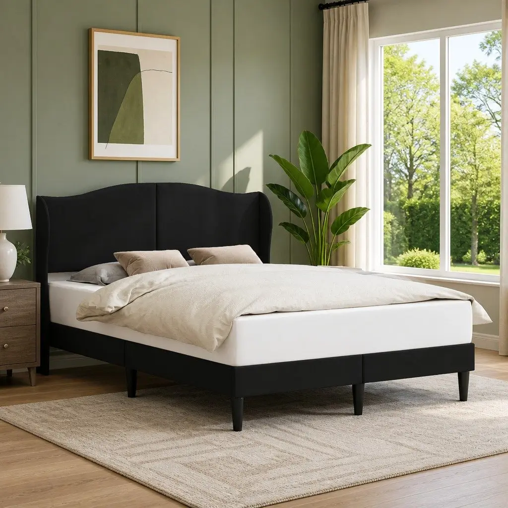 Bed Frame Faux Leather Queen Size Black 153x203cm with Headboard