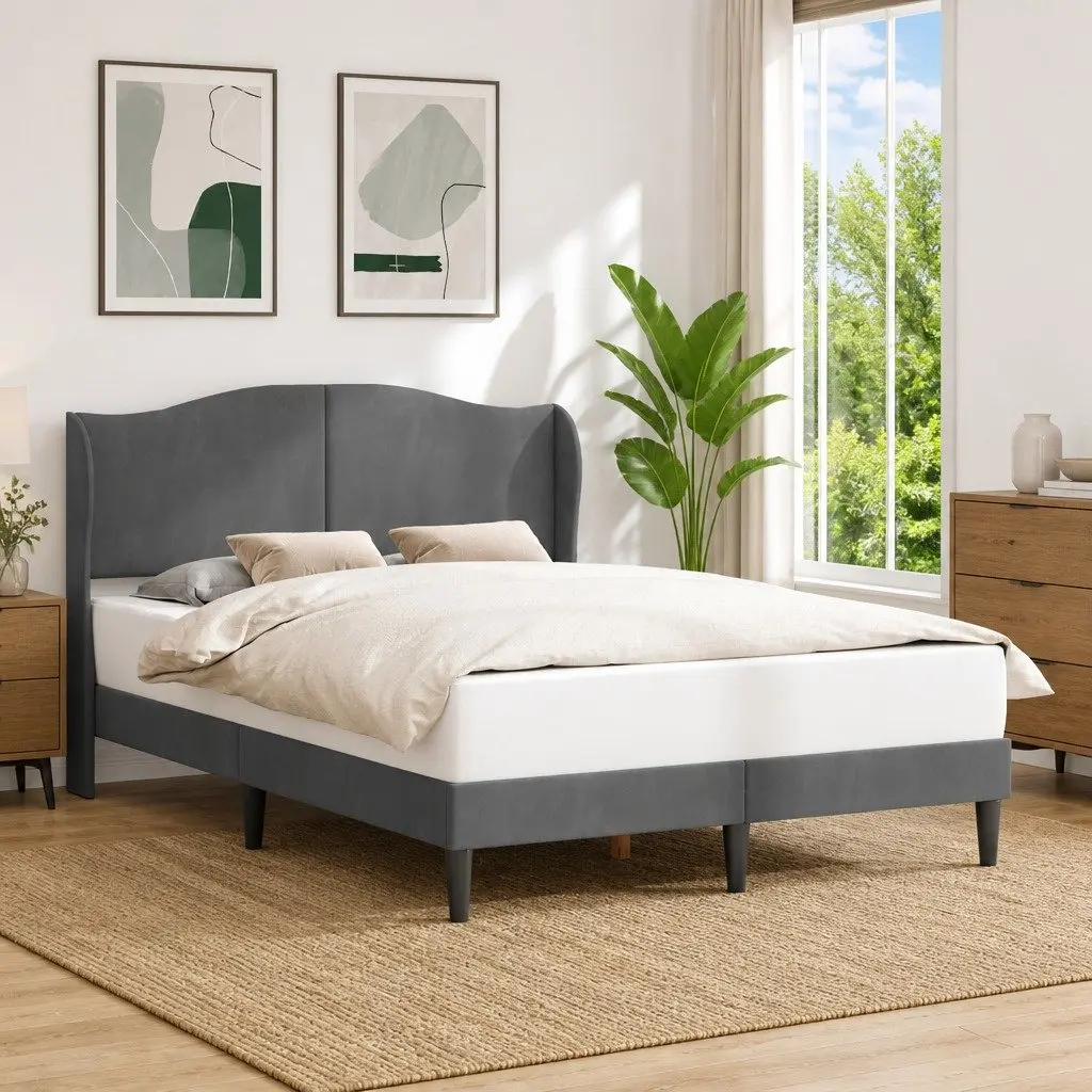 Bed Frame Velvet Upholstered Dark Grey 137 x 190 cm Modern Platform