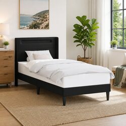 Practical Black Faux Leather Bed Frame with LED Strip Lights 90 x 190 cm