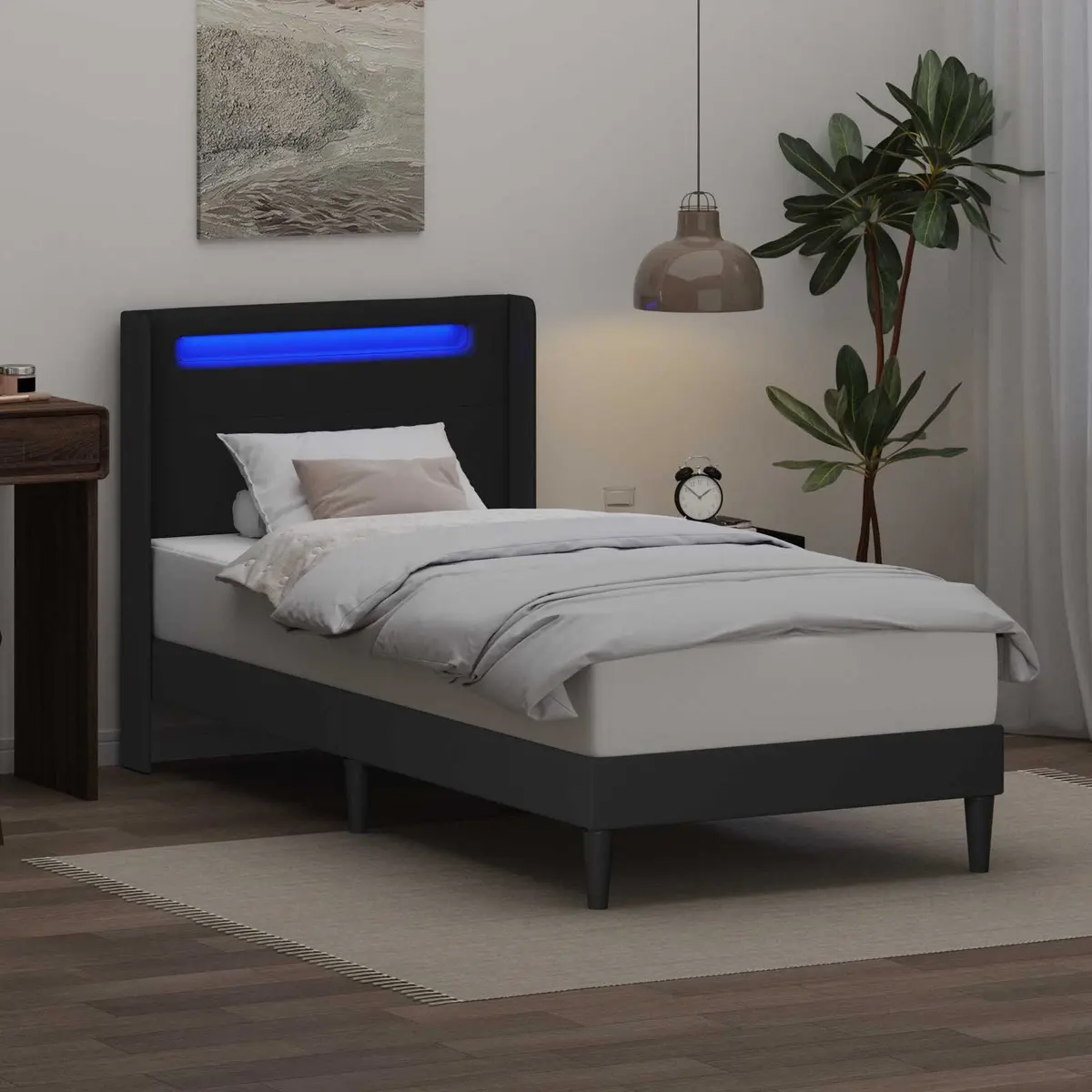 Black Faux Leather Bed Frame with LED Strip Lights 90 x 190 cm