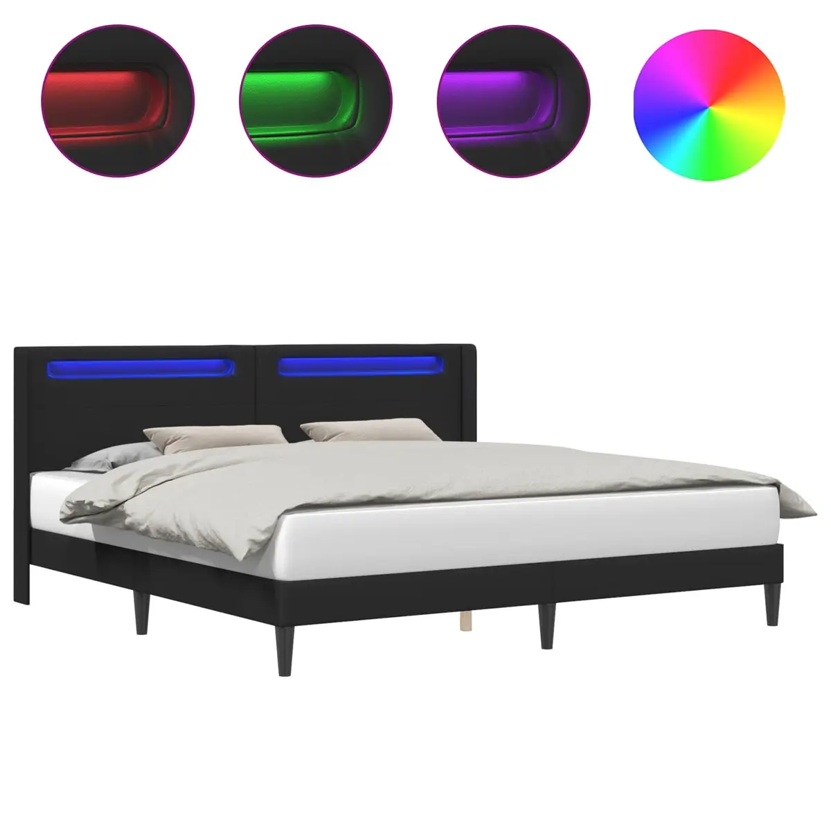 Black Bed Frame with Multicolour LED Strip Lights Modern Faux Leather 180x200cm