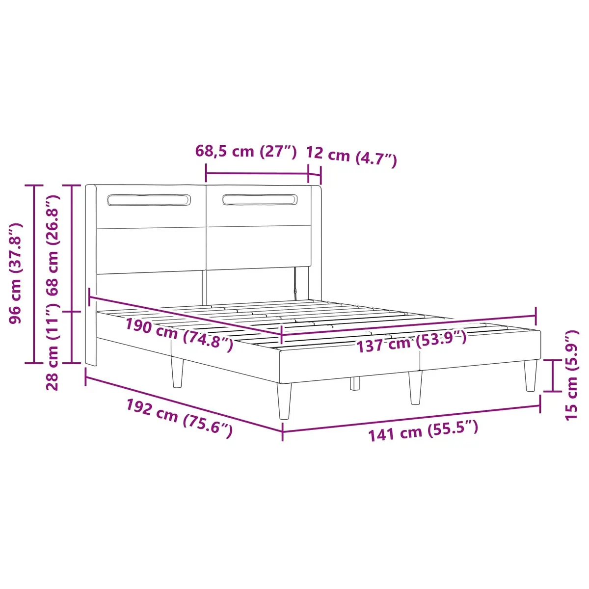 Bed Frame with LED Strip Lights Headboard Black Faux Leather Modern Bedroom