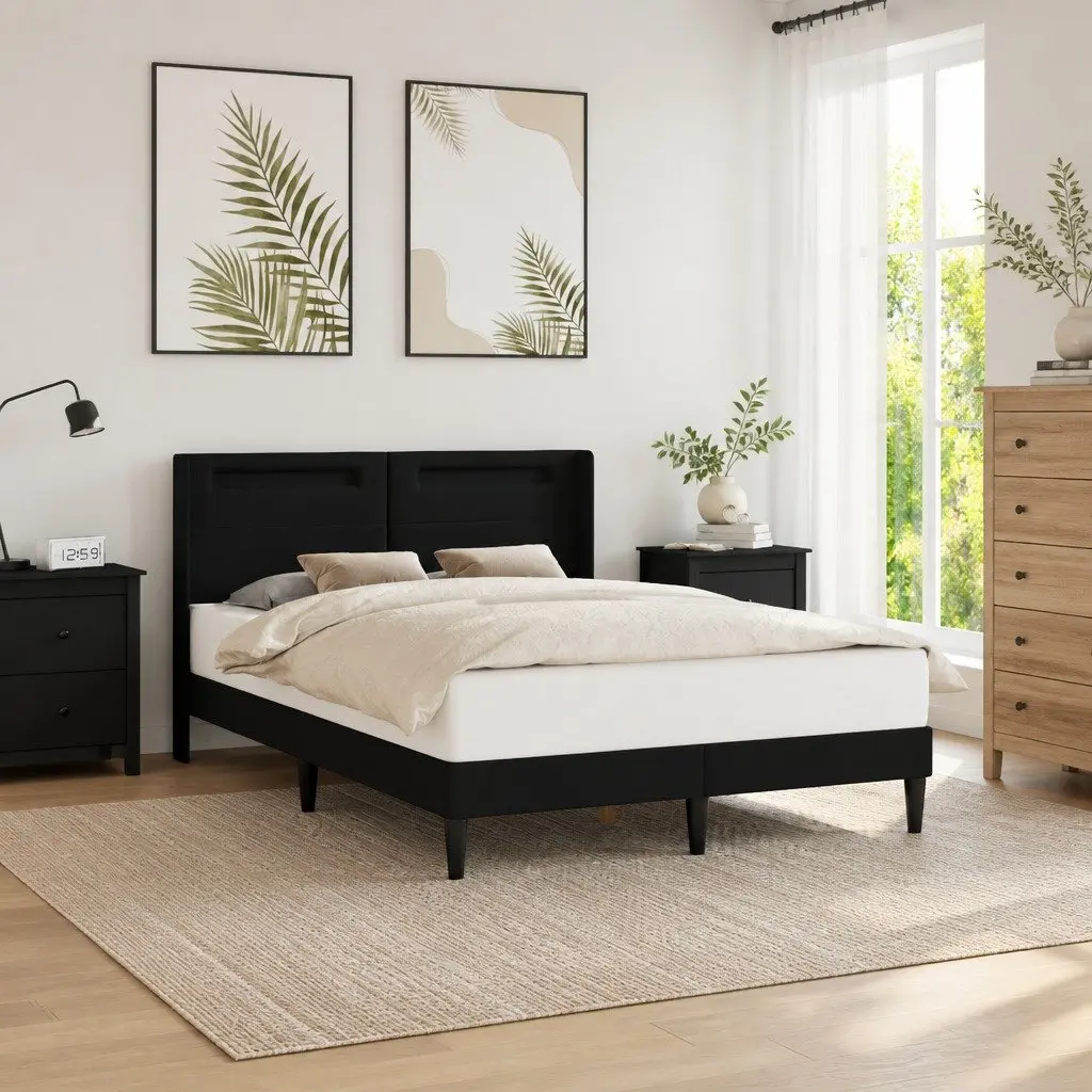 Black Modern Faux Leather Bed Frame with Integrated LED Strip Lights and Headboard