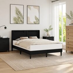 Bed Frame with LED Strip Lights Headboard Black Faux Leather Modern Bedroom