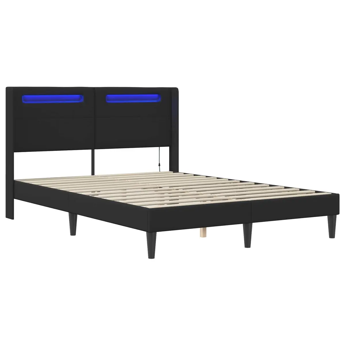 Black Modern Faux Leather Bed Frame with Integrated LED Strip Lights and Headboard