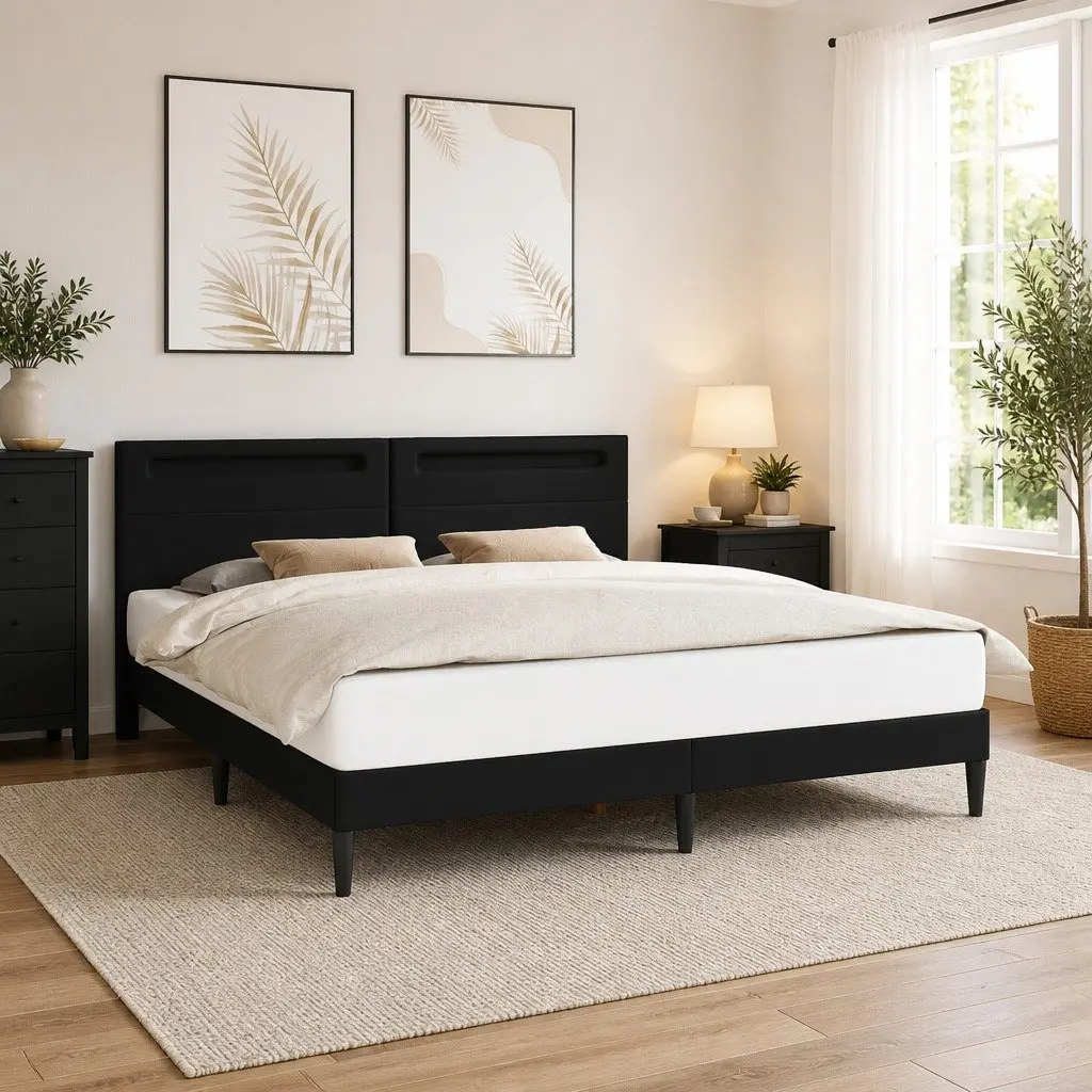 Faux Leather Bed Frame 180x200cm Black Sturdy Slatted Base with USB Powered LED Lighting
