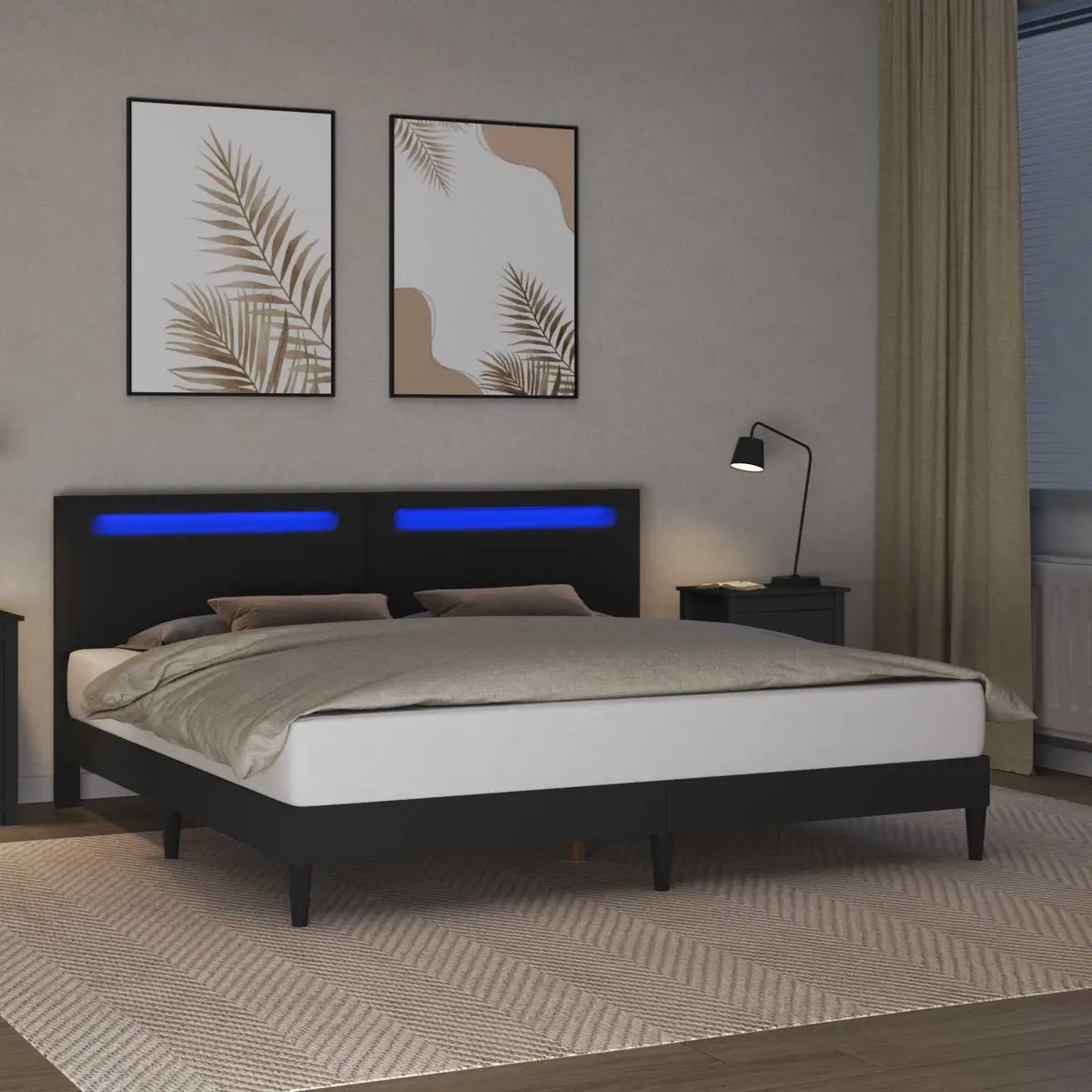 Faux Leather Bed Frame 180x200cm Black Sturdy Slatted Base with USB Powered LED Lighting