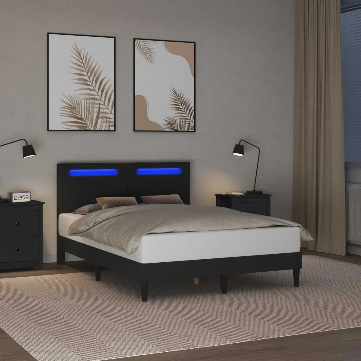 Black Bed Frame Faux Leather Slatted Base 137 x 190 cm Modern Style with LED Lighting USB Powered