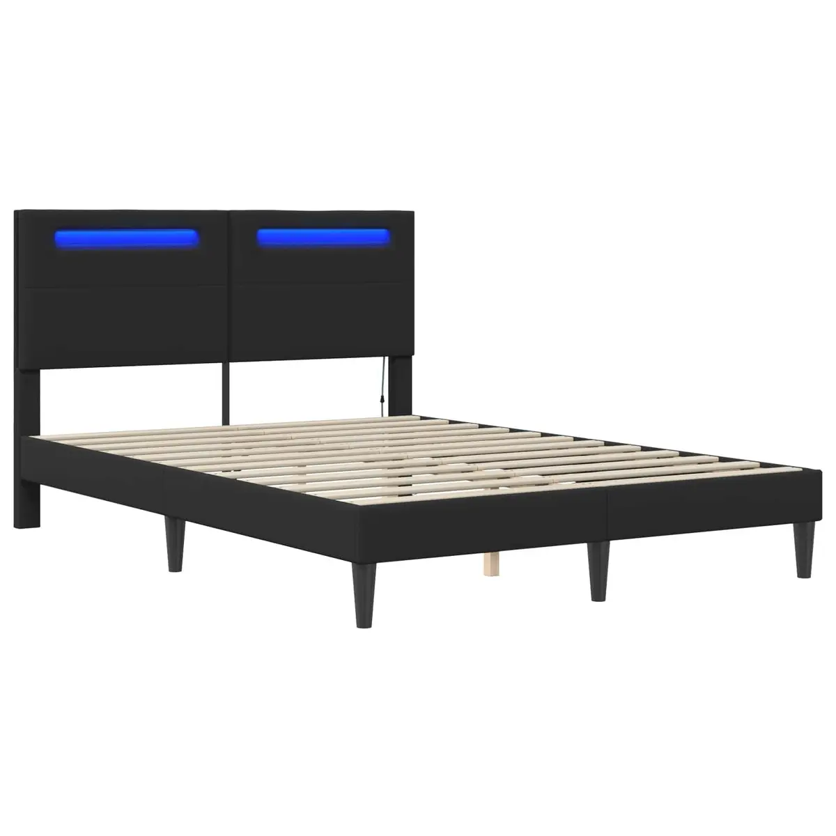 Black Bed Frame Faux Leather Slatted Base 137 x 190 cm Modern Style with LED Lighting USB Powered