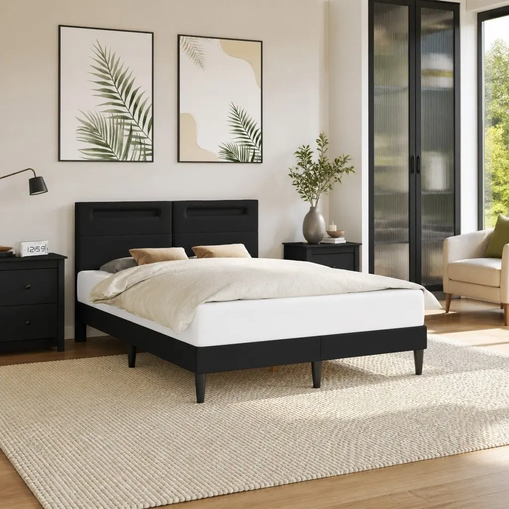Faux Leather Bed Frame Black 153 x 203 cm with Slatted Base and USB Powered LED Lighting
