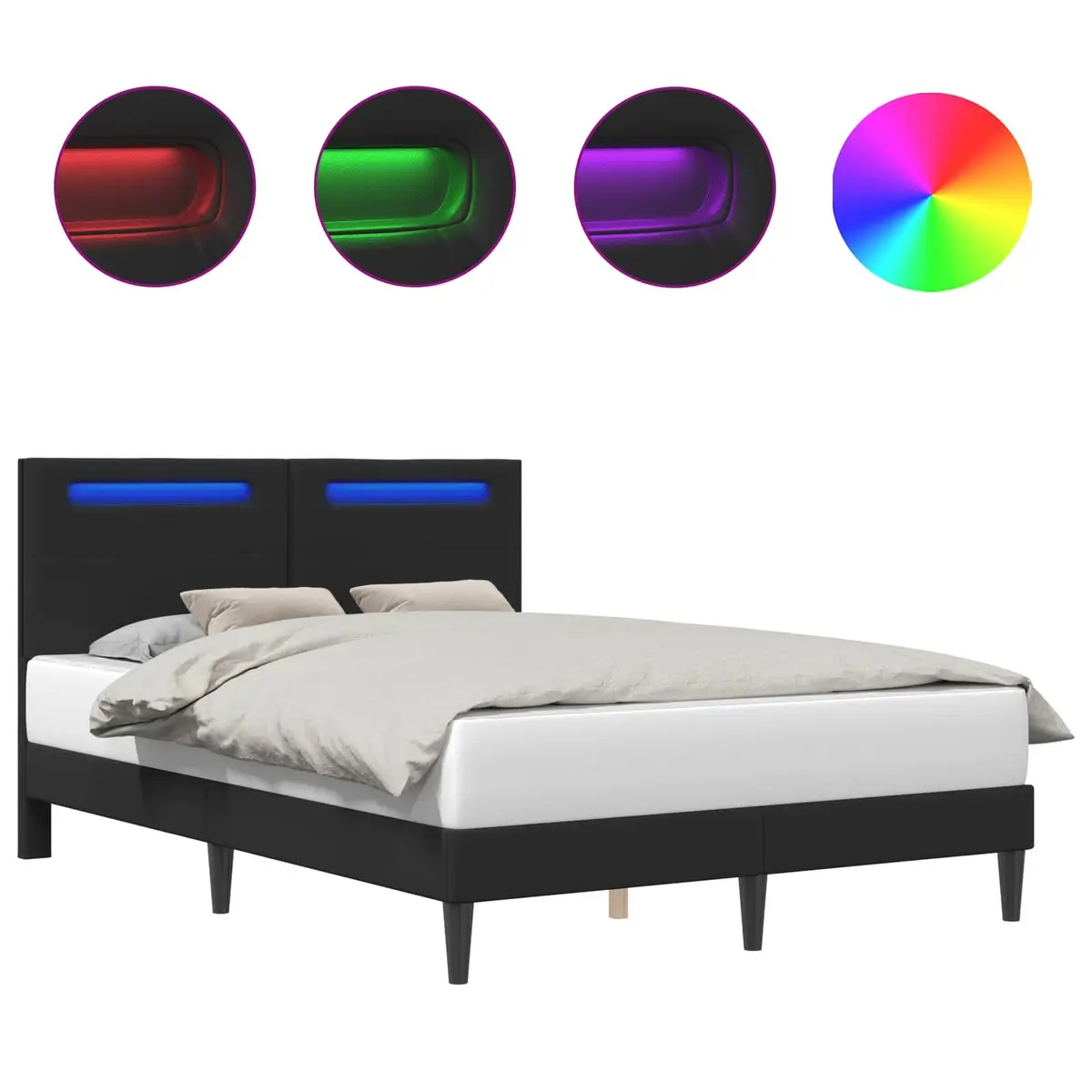 Faux Leather Bed Frame Black 153 x 203 cm with Slatted Base and USB Powered LED Lighting