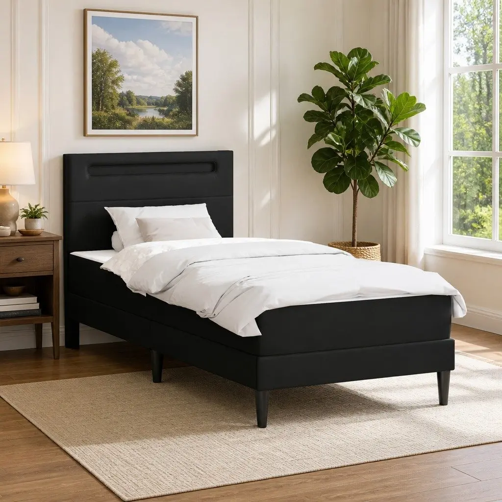 Black Bed Frame with LED Lighting and Storage