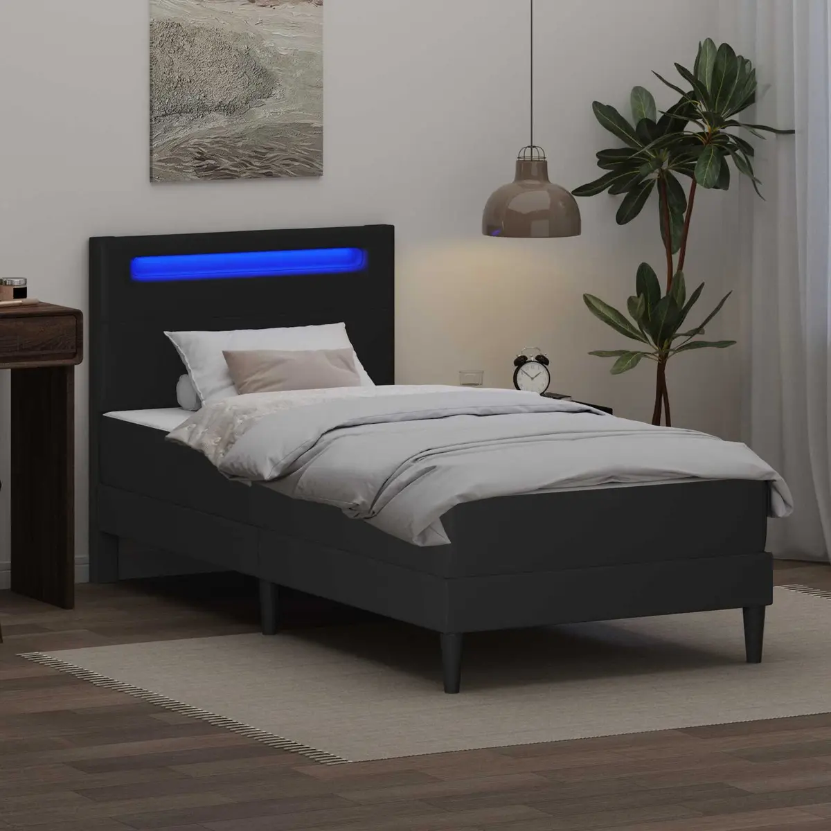 Black Bed Frame with LED Lighting and Storage