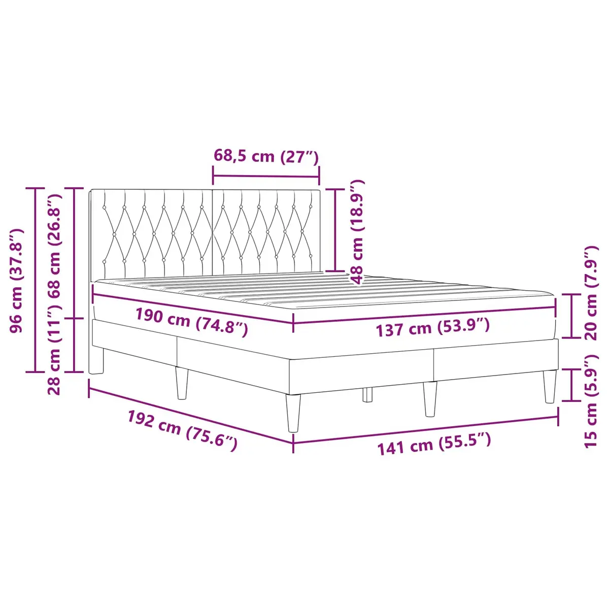 Bed Frame with Mattress Velvet Upholstered 137 x 190 cm Dark Grey Modern Bedroom