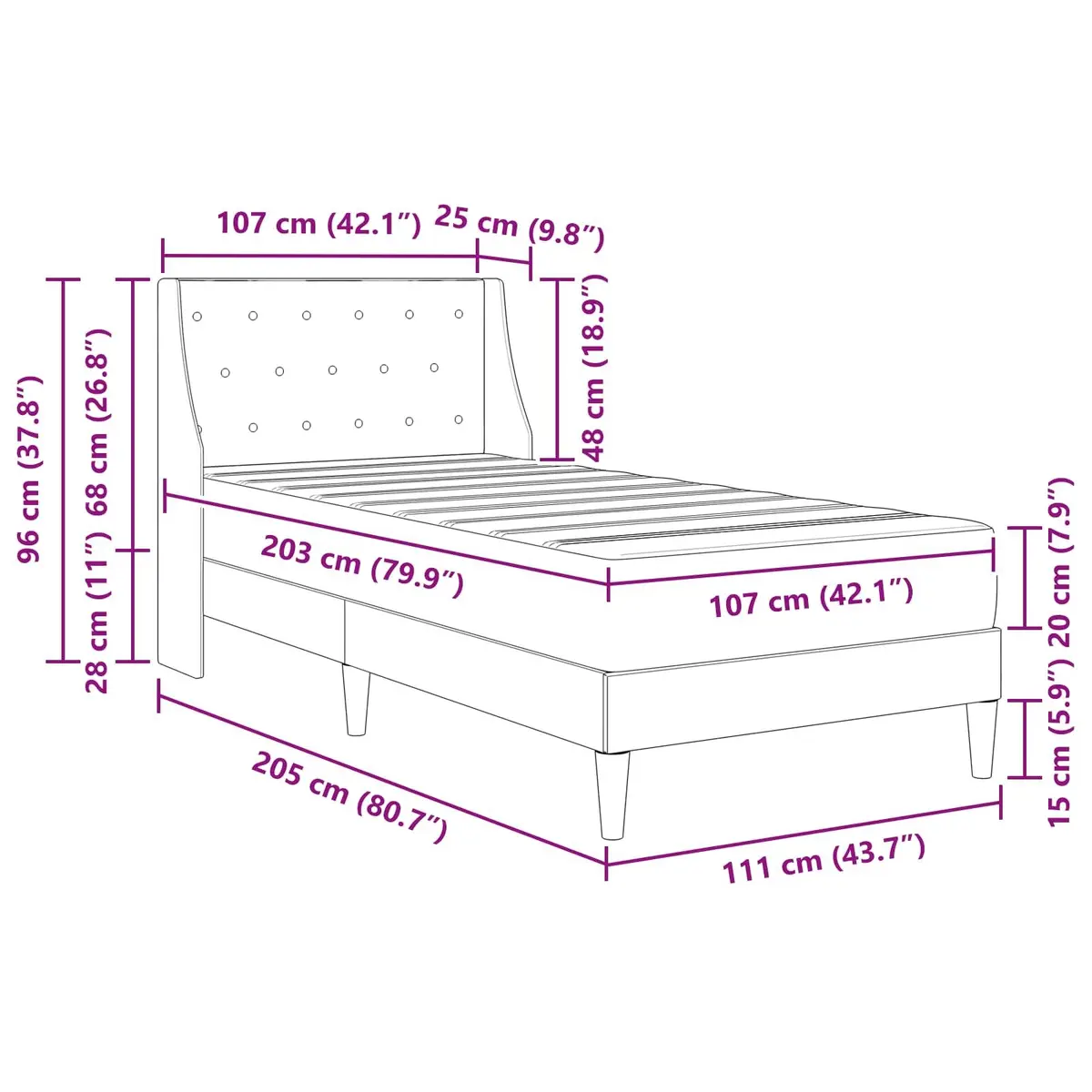 Bed Frame with Integrated Mattress Velvet 107 x 203 cm Grey