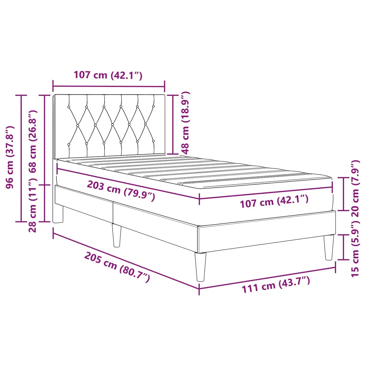 Bed Frame with Mattress Grey 107 x 203 cm Velvet Headboard Modern Bedroom