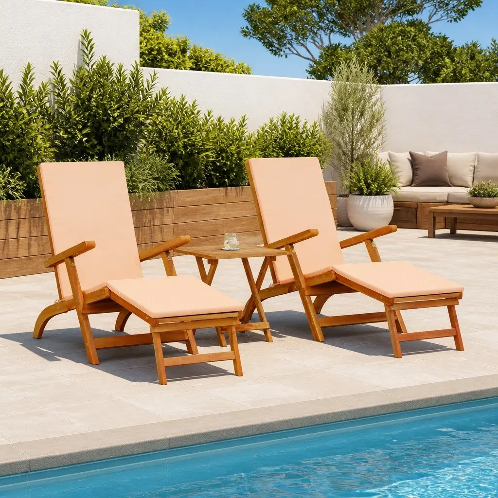 Sun Lounger Solid Acacia Wood 3 Pieces Brown Folding Reclining Chair