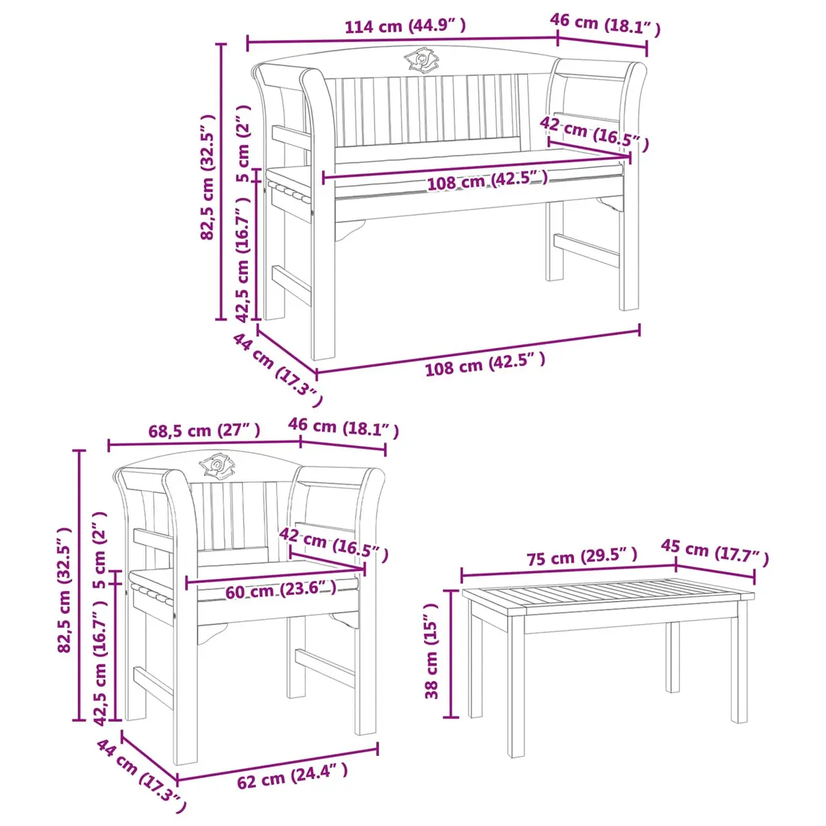 Garden Rose Outdoor Lounge Set 4 Pieces Solid Wood Patio Furniture Brown