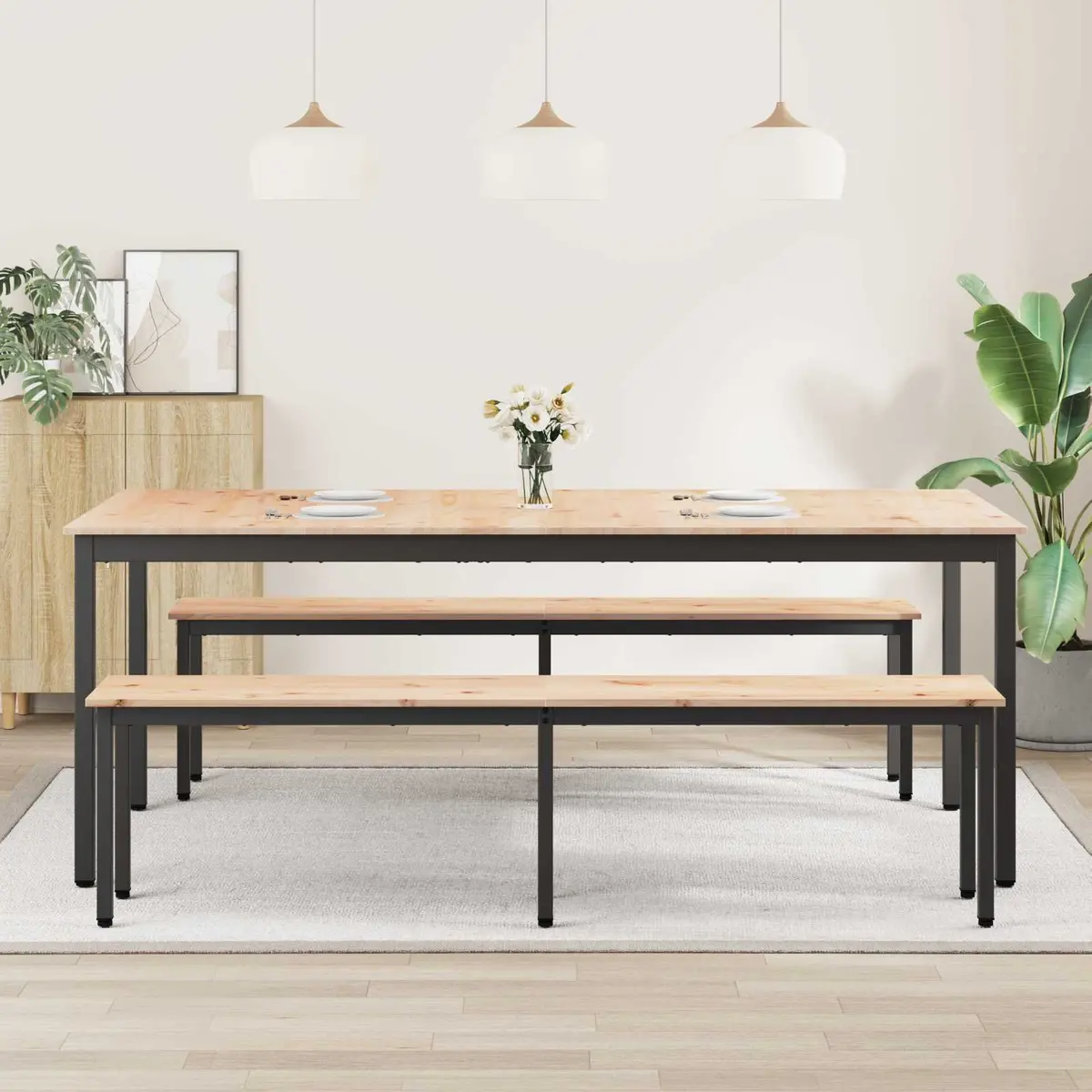 Dining Table Rectangular Solid Pine Wood Natural Finish 200x100x75cm with Metal Legs for Kitchen and Dining Room