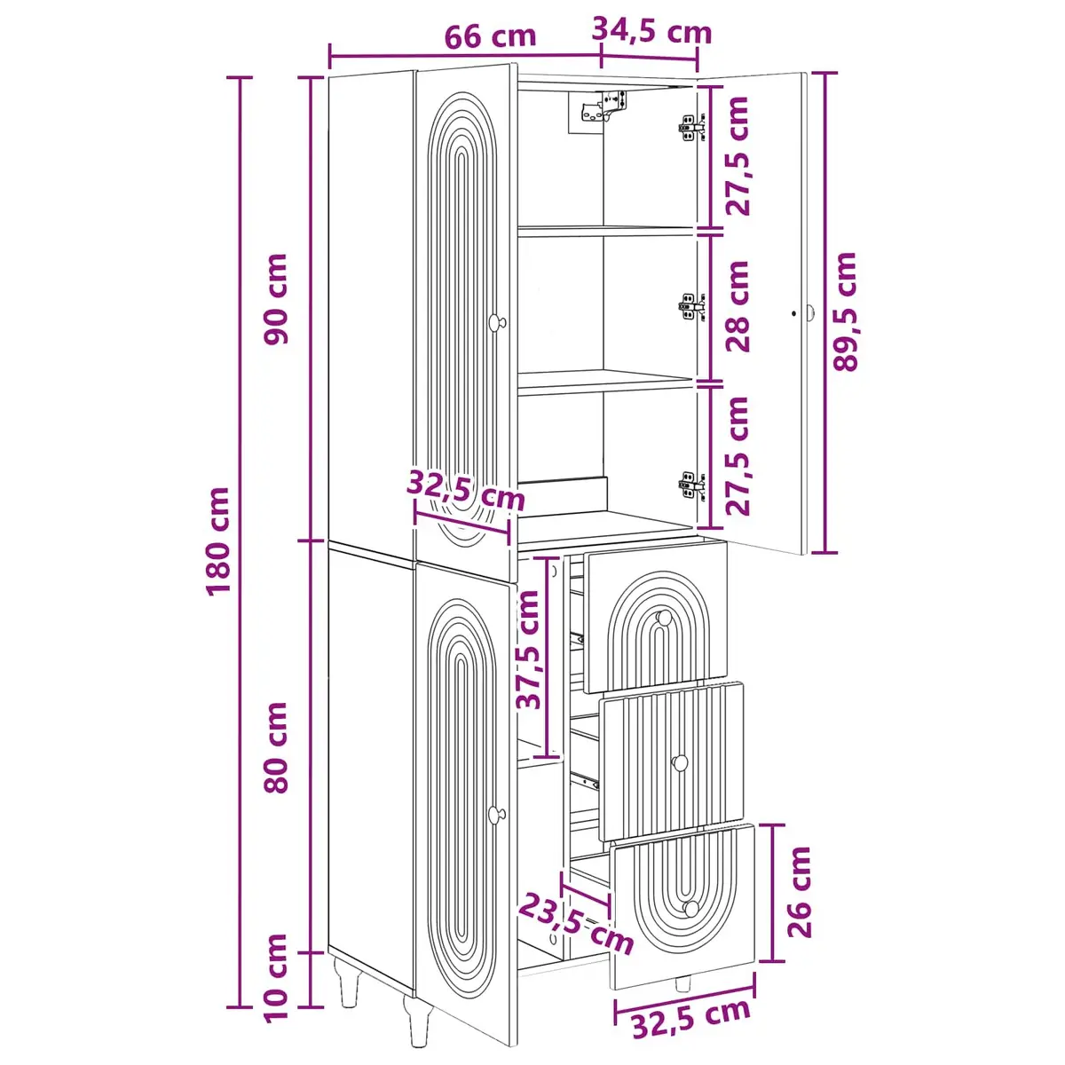 Cabinet Set Engineered Wood 66 x 34.5 x 90 cm White 2 Pieces Storage Furniture Shelves Drawers Compartments