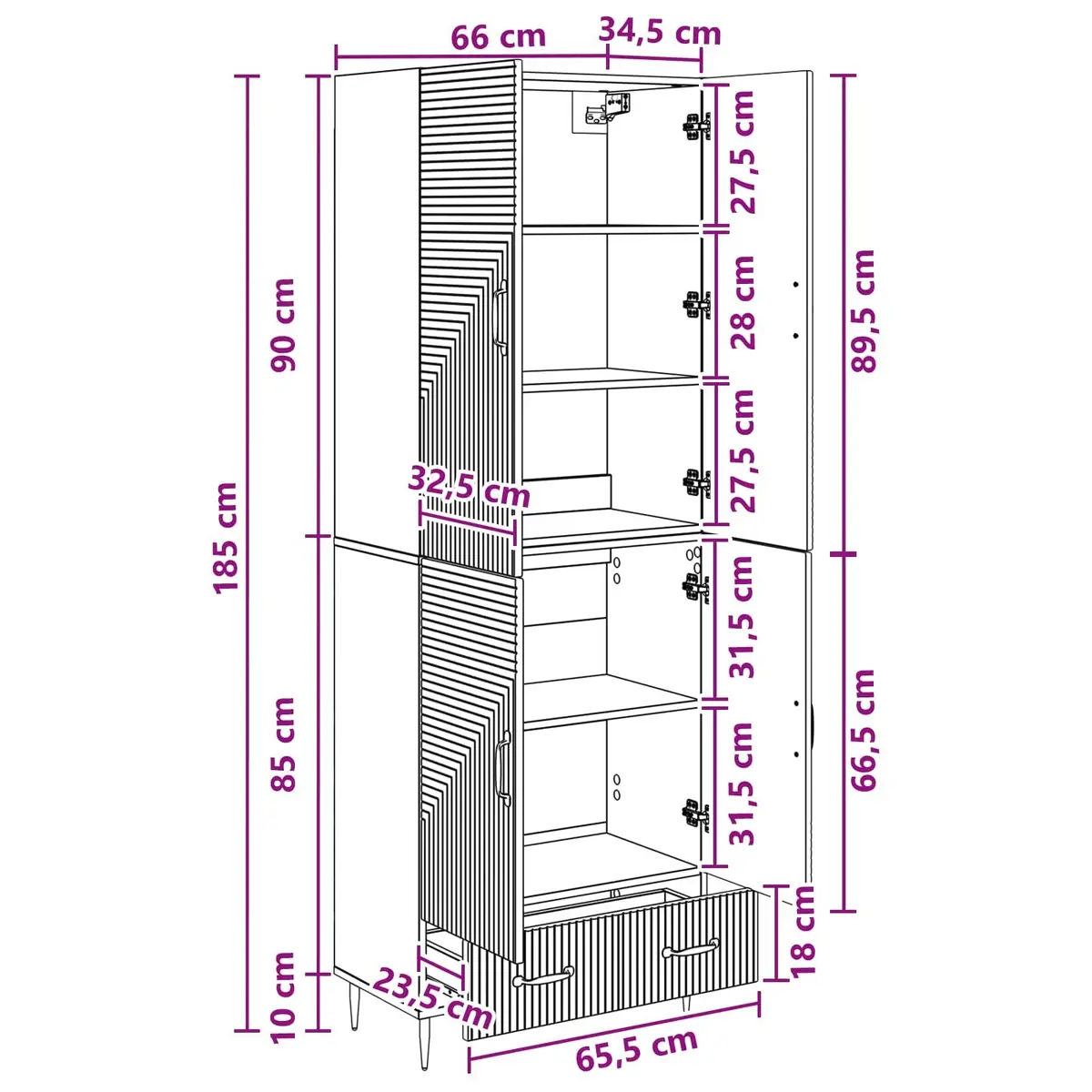 Storage Cabinet Set 2 Pieces Engineered Wood 66cm x 34.5cm x 95cm with Drawers Shelves LED Lighting USB Outlets
