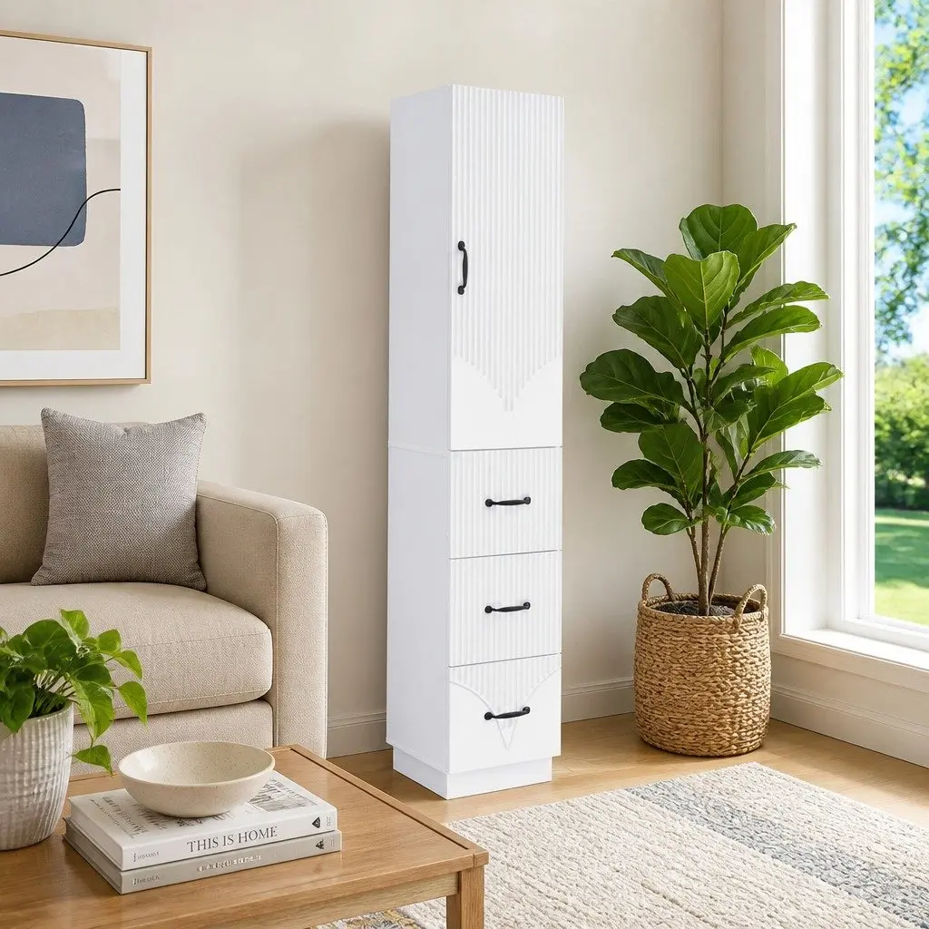 Storage Cabinet Set Engineered Wood 33 x 34.5 x 87 cm White Modern Sliding Doors Shelves Drawers Organizer