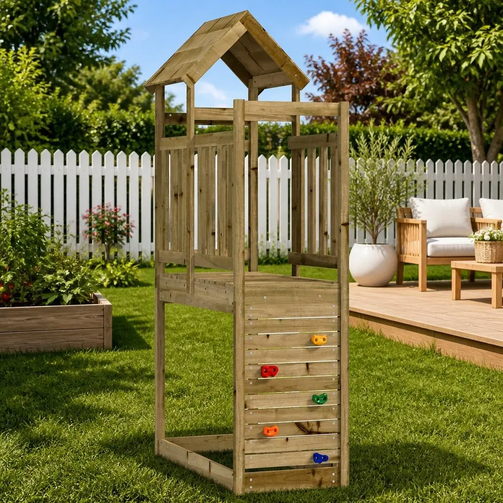 Outdoor Play Tower Set Brown Solid Wood Backyard Kids Climbing Slide Swing
