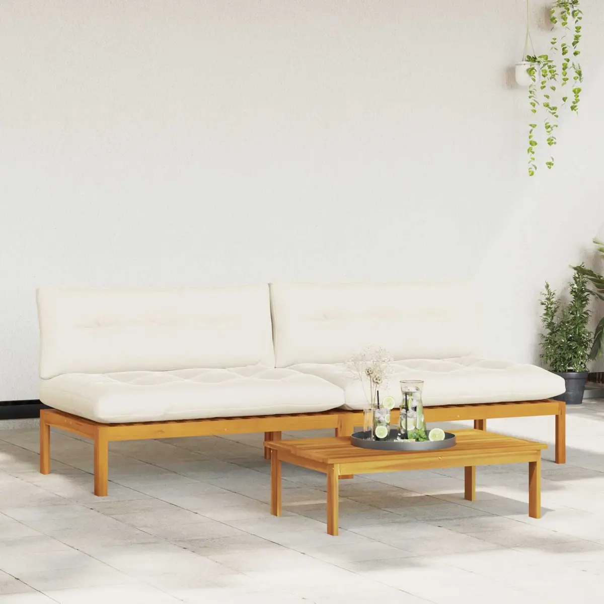 Outdoor Sectional Sofa Unit Acacia Wood 2 Piece Natural and Cream White Garden Patio Furniture Set