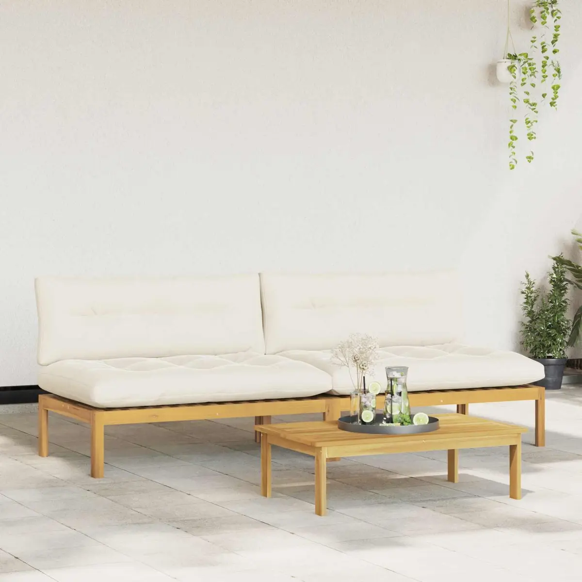 Outdoor Middle Unit Sofa Light Acacia Wood Cream White for Garden Use