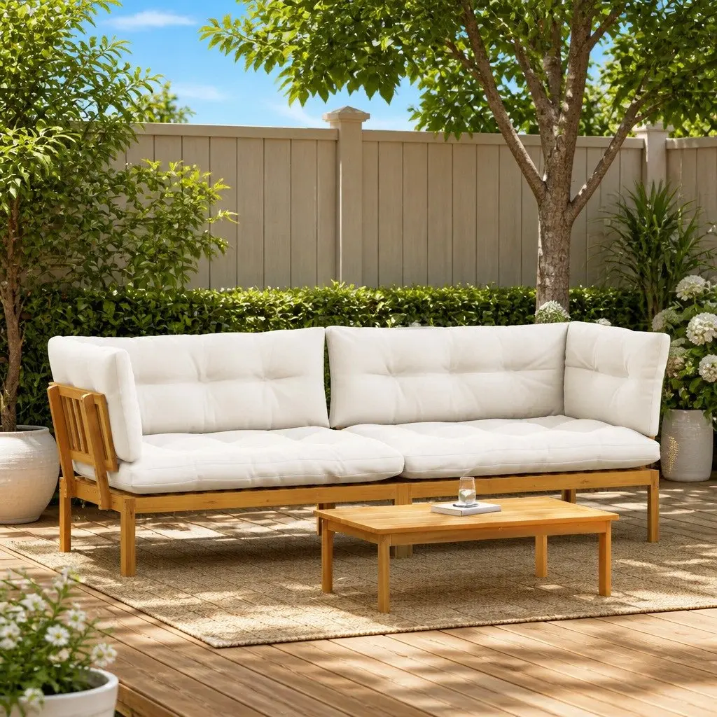 Outdoor Garden Pallet Sofa Set 2 Piece Corner Lounge with Low Table Brown Cream White