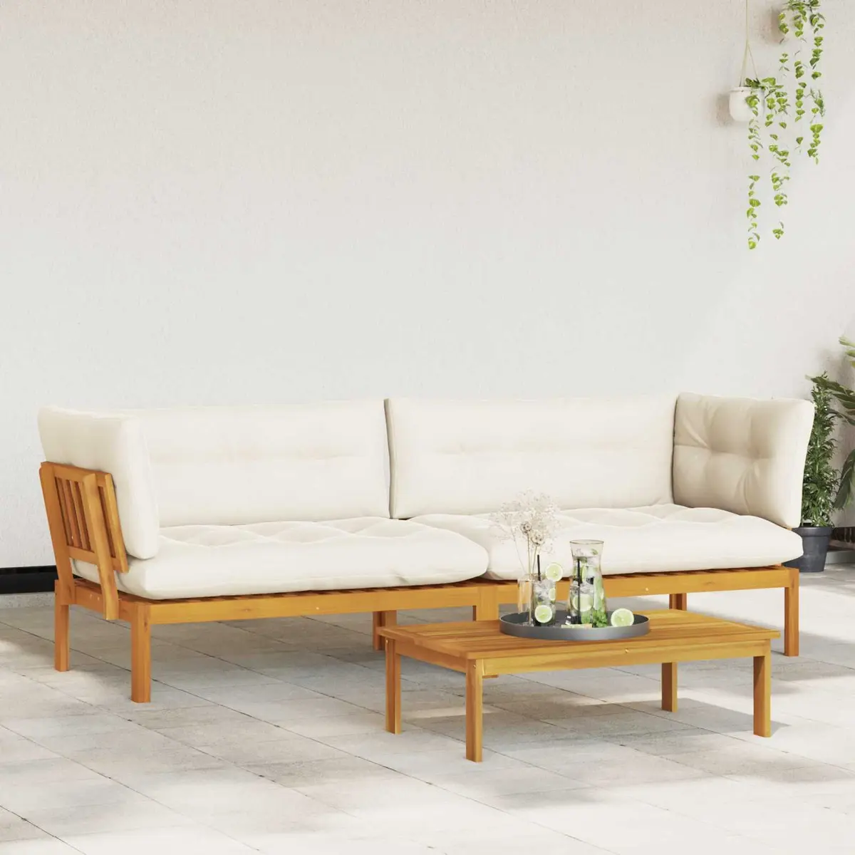 Outdoor Garden Pallet Sofa Set 2 Piece Corner Lounge with Low Table Brown Cream White