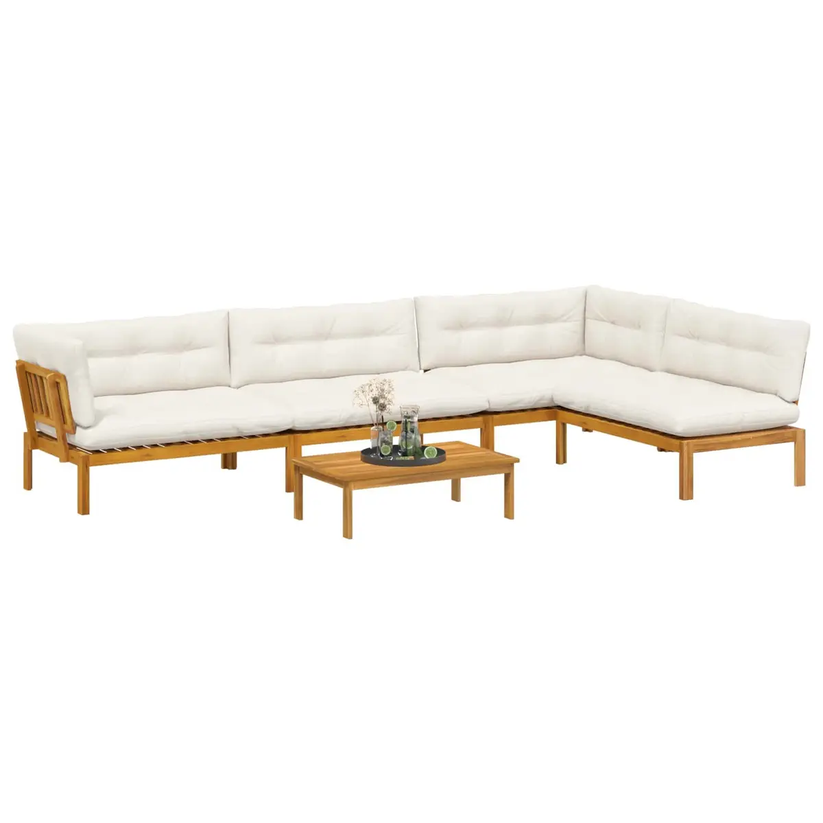 Outdoor Sectional Lounge Set 5 Piece Brown Acacia Wood Garden Pallet Sofa with Foam Cushions and Low Table