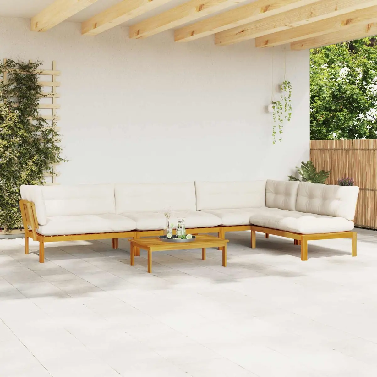 Outdoor Sectional Lounge Set 5 Piece Brown Acacia Wood Garden Pallet Sofa with Foam Cushions and Low Table
