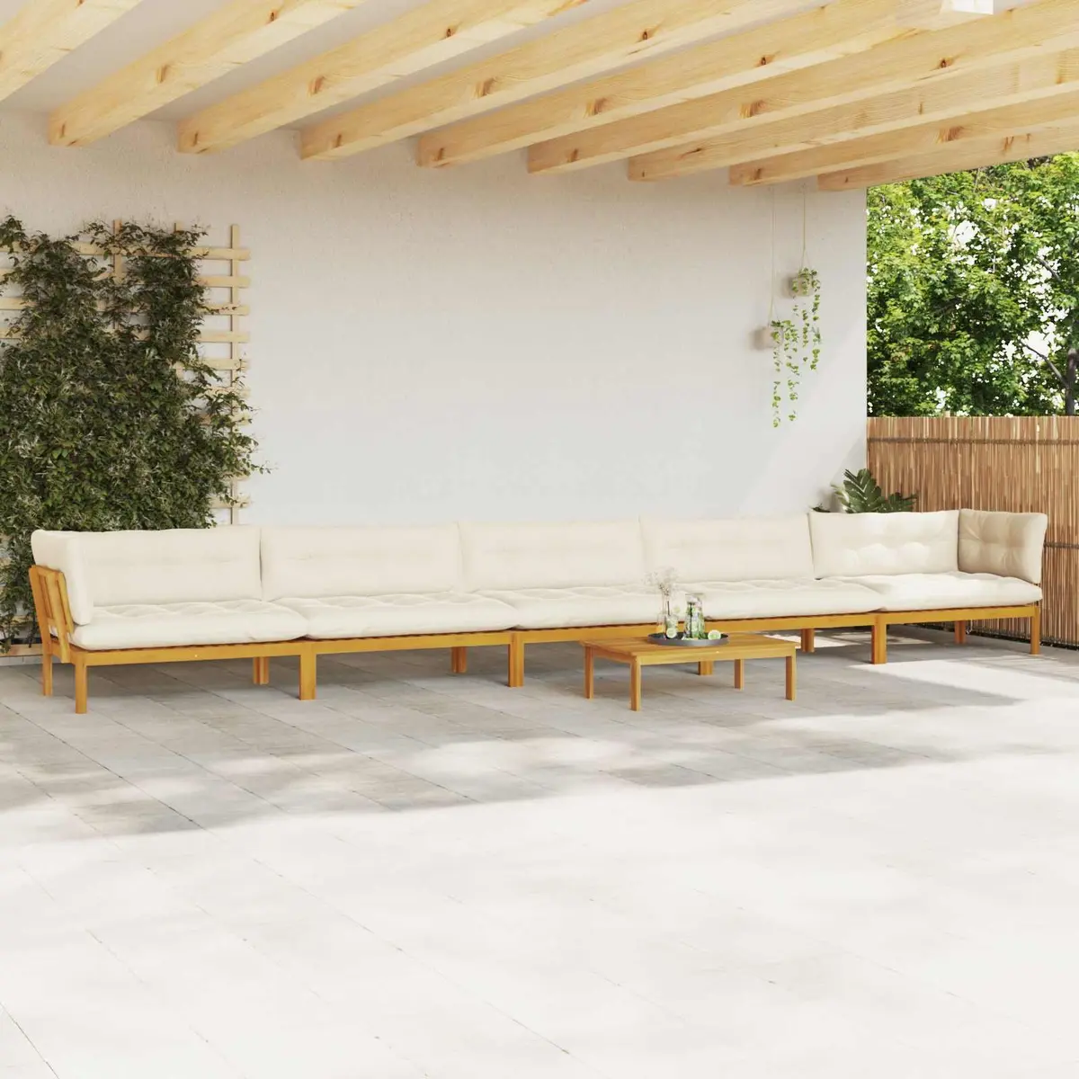 6 Piece Corner Lounge Outdoor Sofa Set Solid Acacia Wood Natural Brown with Foam Padded Cushions and Matching Low Table