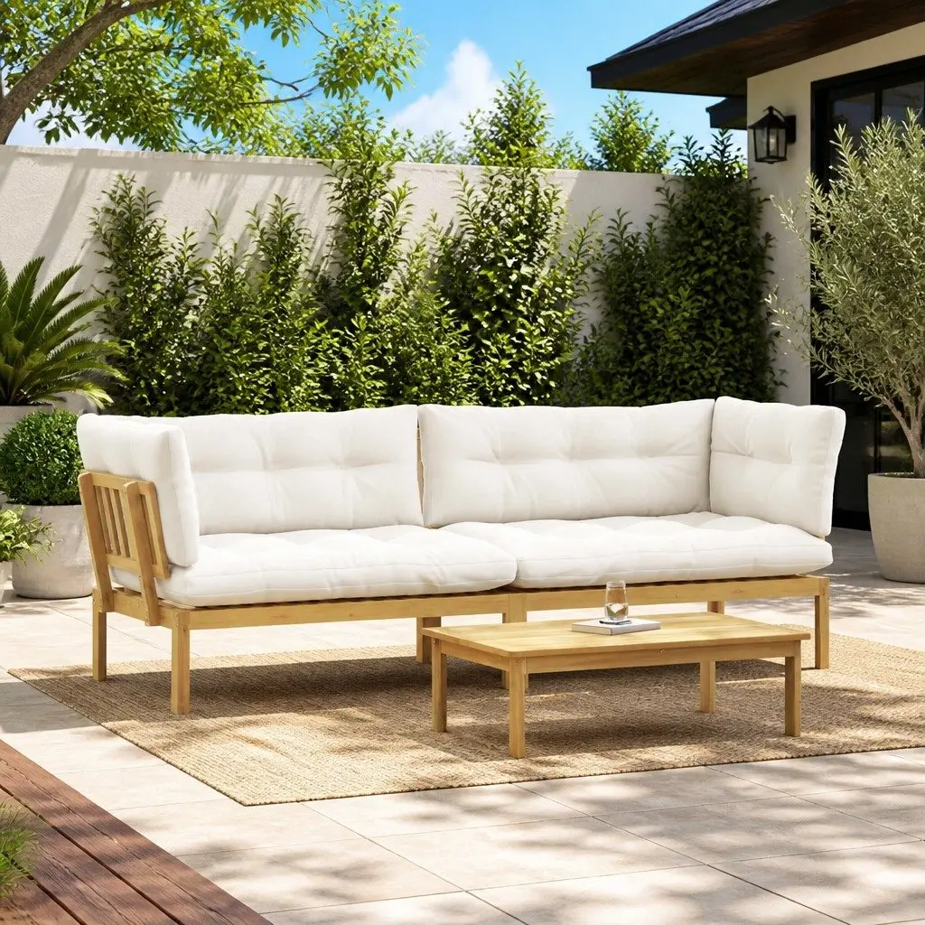 Outdoor Sectional Sofa Corner Lounge Set Solid Acacia Wood 2 Piece Light Brown and Cream White
