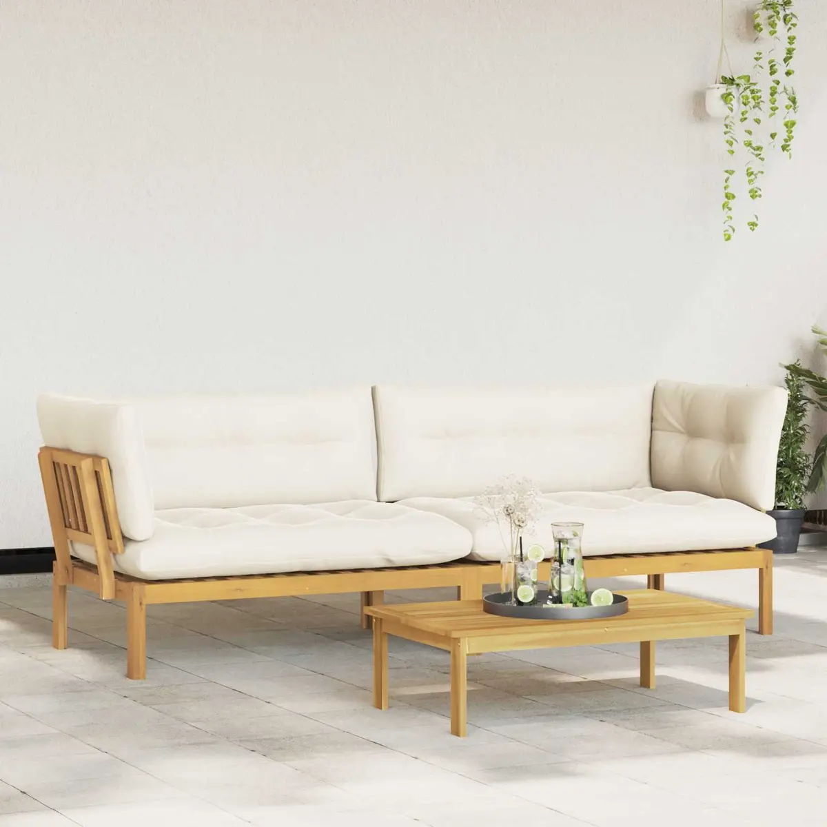 Outdoor Sectional Sofa Corner Lounge Set Solid Acacia Wood 2 Piece Light Brown and Cream White