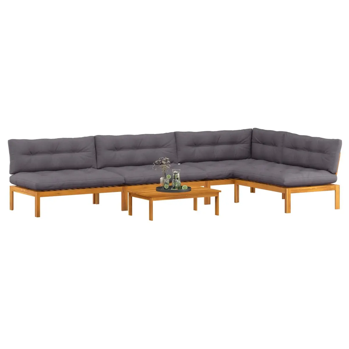 5 Piece Corner Sectional Sofa Set Solid Acacia Wood Brown Outdoor Lounge